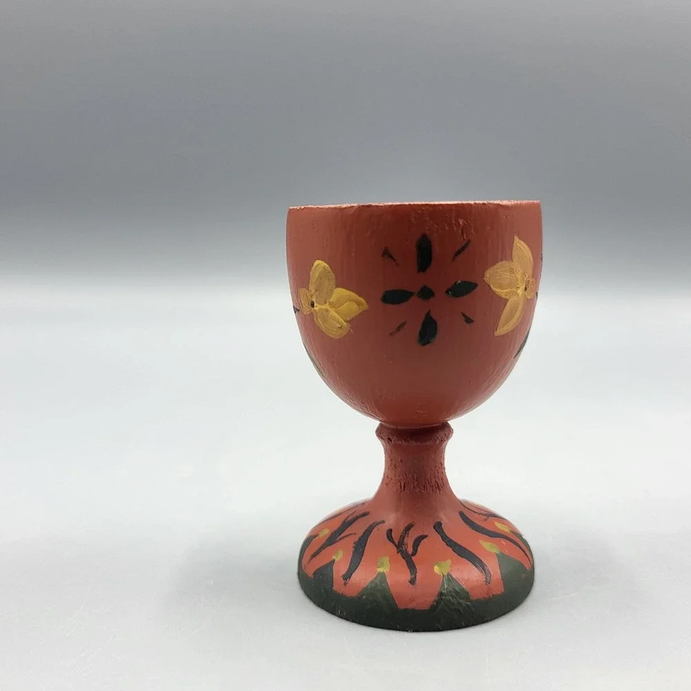 Vintage Wooden Hand Painted Egg Cup Red Floral Design Kitchen Art Folk Decor 2